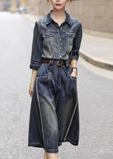 Elegante vestido de camisa larga con cuello Peter Pan en azul vaquero y patchwork con fajas para otoño